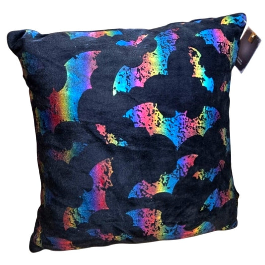 NEW Halloween Throw Pillow Black w/ Rainbow Iridescent Bats 10"x10" Plush Decor