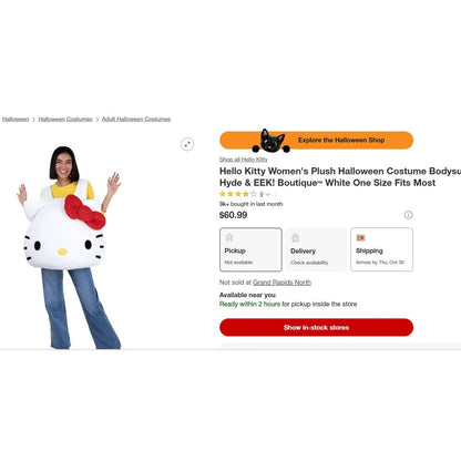 Hello Kitty Women's Plush Halloween Costume Bodysuit White One Size Fits Most