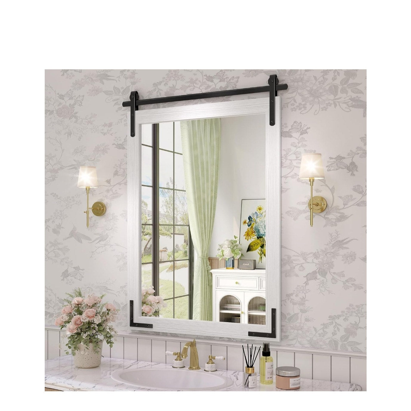 New Farmhouse Bathroom Mirror 28x36 Inch Rustic White Vanity Mirror Wood Framed