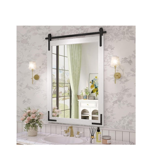 New Farmhouse Bathroom Mirror 28x36 Inch Rustic White Vanity Mirror Wood Framed