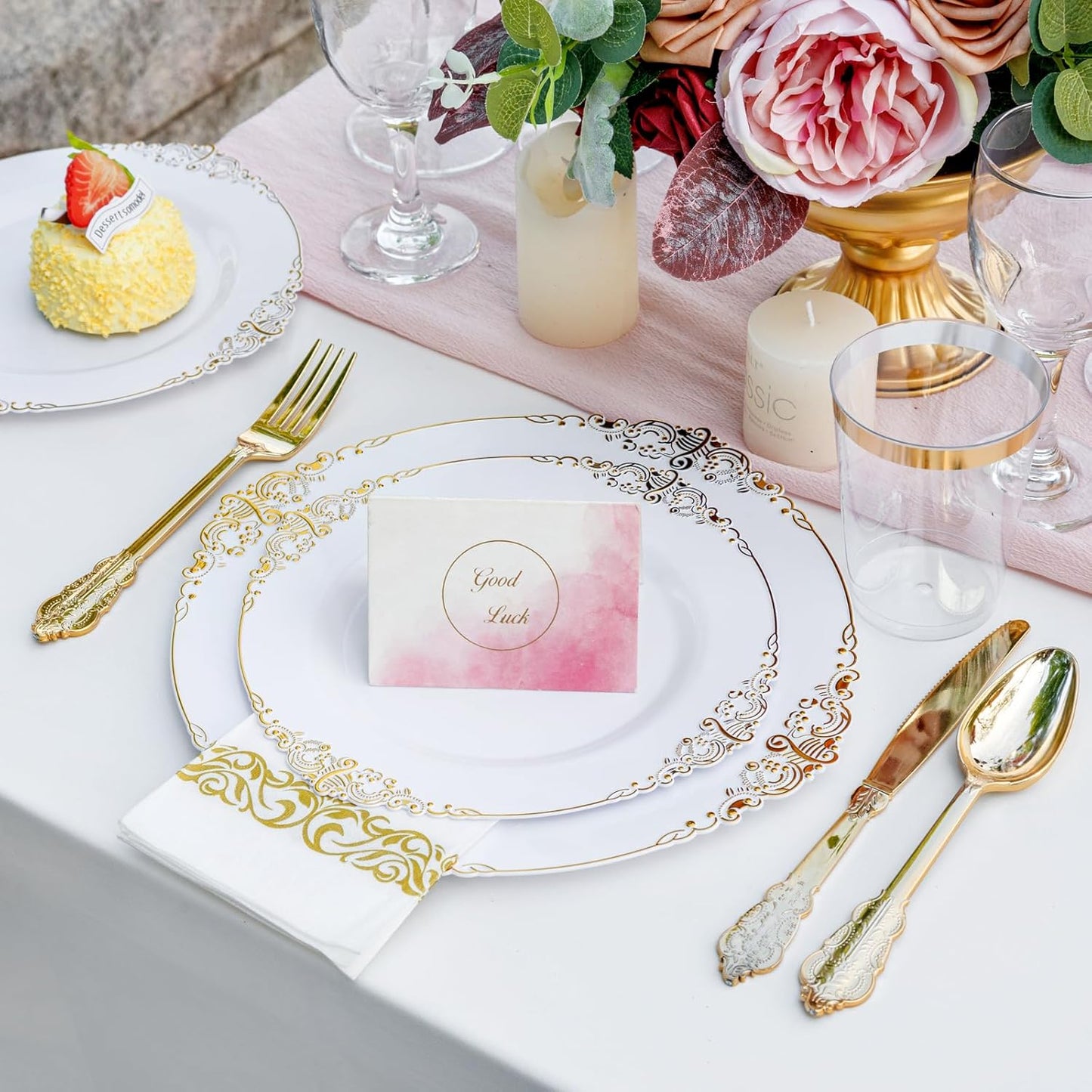 350pc Gold Plastic Plates Gold Plastic Dinnerware Sets 50 Place Wedding Party