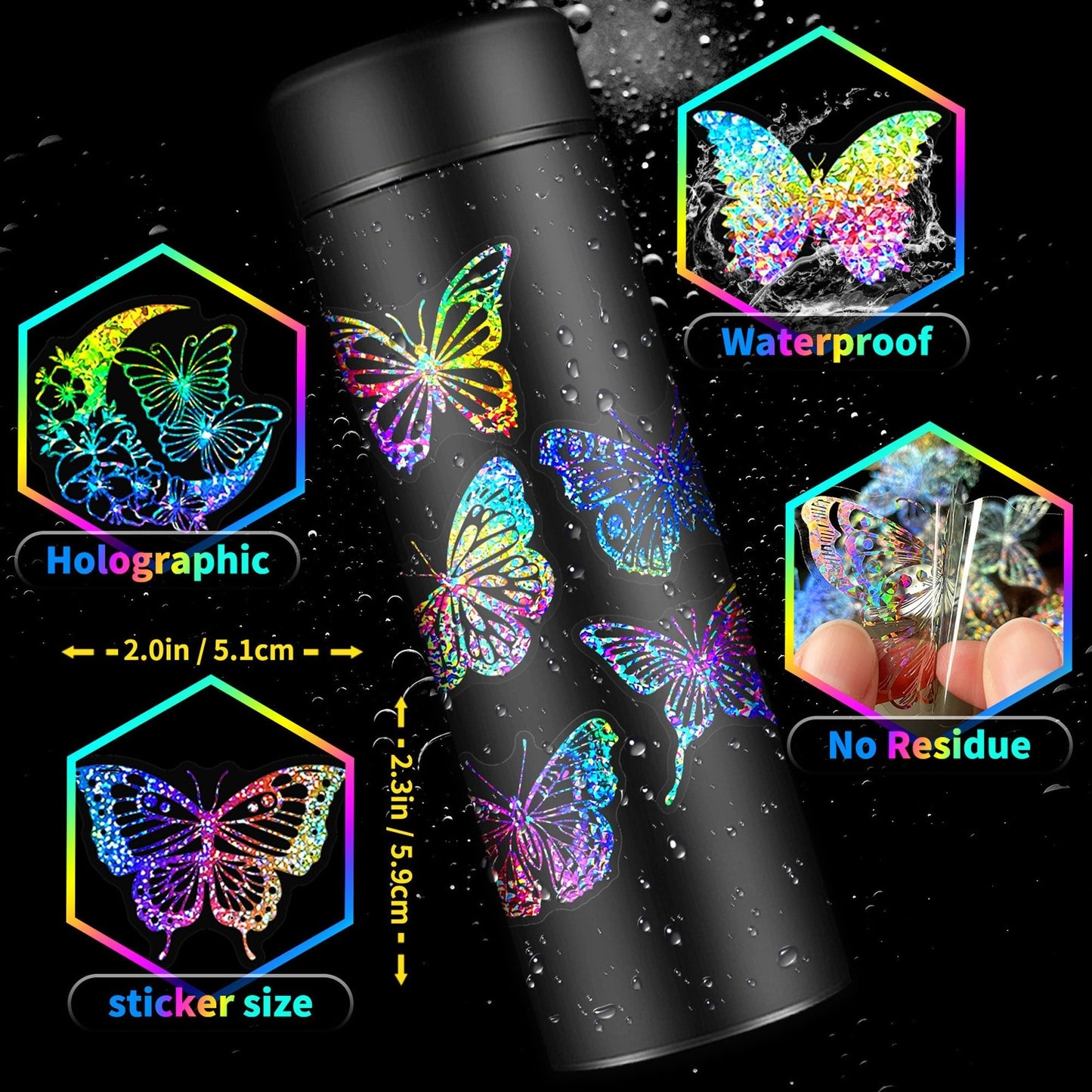 100pcs Butterfly Holographic Stickers – Waterproof Vinyl Set
