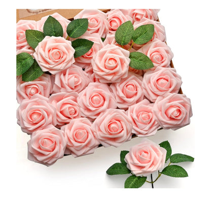 50Pcs Artificial 8" Stem w/ Leaves Rose Flowers Blush Pink Roses DIY Projects