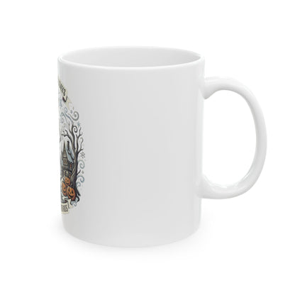 Haunted Holidays Ceramic Mug — "Merry & Mischievous" Halloween Skeleton Design (11oz, 15oz)