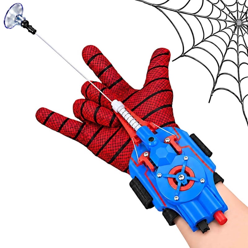 Blue Spider Web Shooter Toy for Kids USB Rechargeable Wrist Launcher w/ Auto Reel
