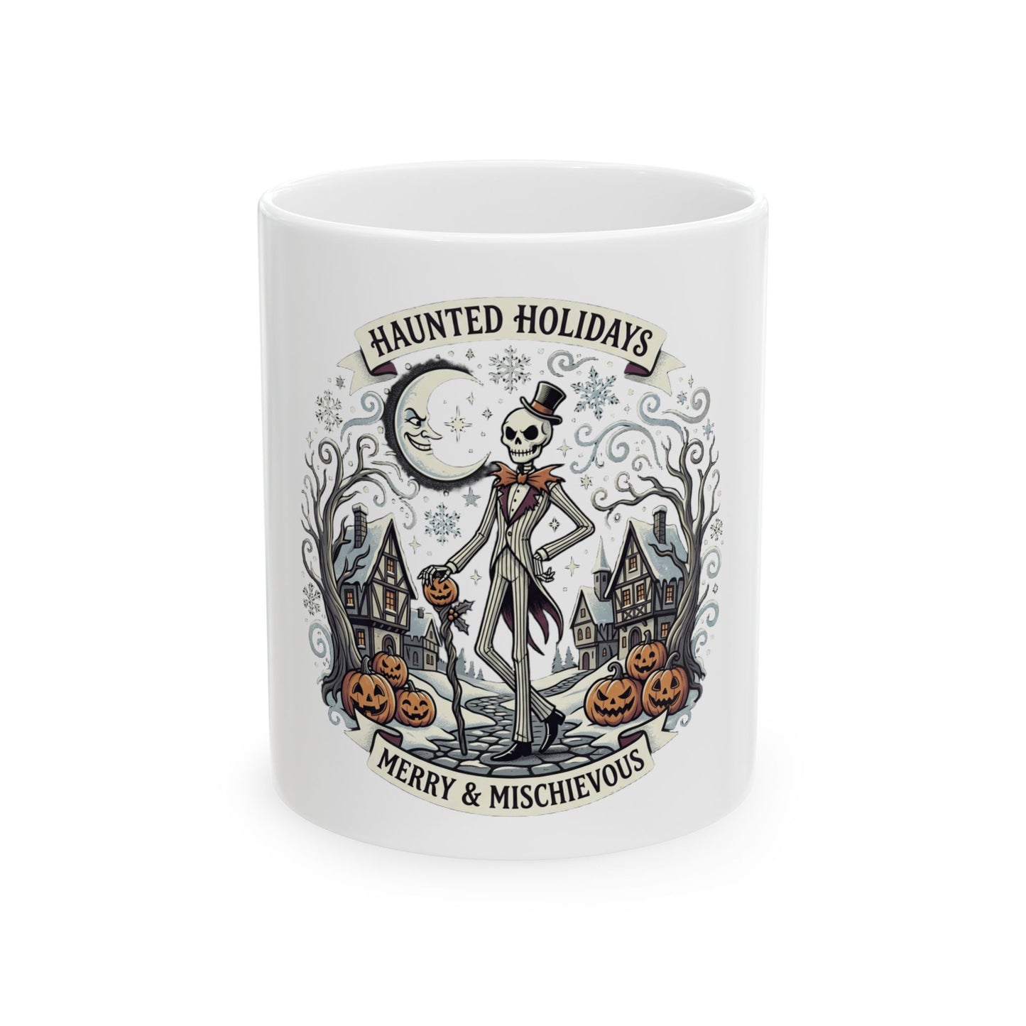 Haunted Holidays Ceramic Mug — "Merry & Mischievous" Halloween Skeleton Design (11oz, 15oz)