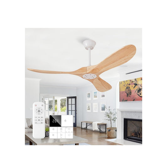 52" Natural Wood Ceiling Fan Outdoor Ceiling Wall and Remote Control Quiet DC Motor 3 Blades