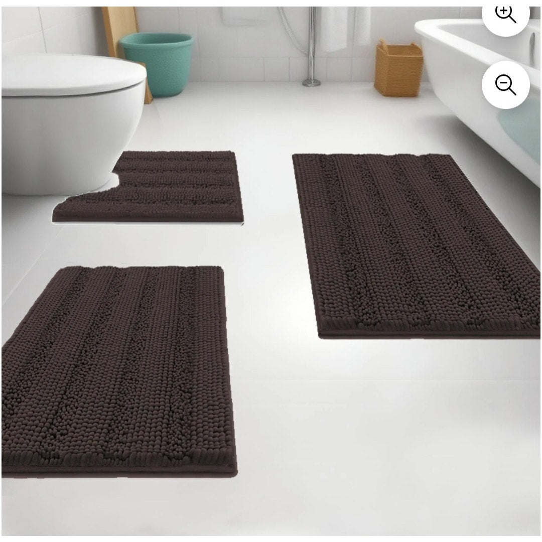 3 Piece Chenille Bath Rug Set Super Absorbent Chocolate Brown
