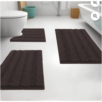3 Piece Chenille Bath Rug Set Super Absorbent Chocolate Brown