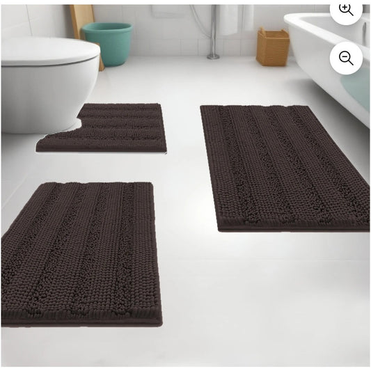 3 Piece Chenille Bath Rug Set Super Absorbent Chocolate Brown