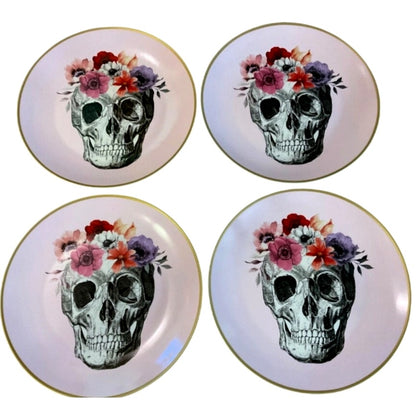 NEW Pink Rose Skull Plates Porcelain Salad Dessert Appetizer Set Of 4 for Halloween