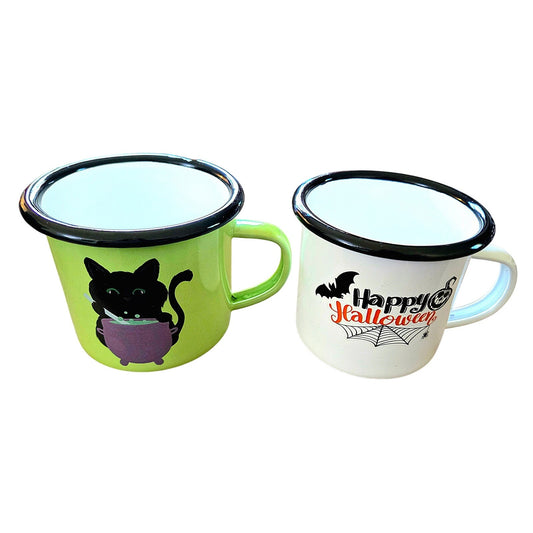 Set of 2 Metal Halloween Mugs Cat Spider Web Bat & Pumpkin