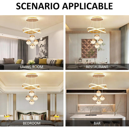 Gold LED Chandelier 3-Color Dimmable Hanging Pendant Ceiling Light Adjustable Height