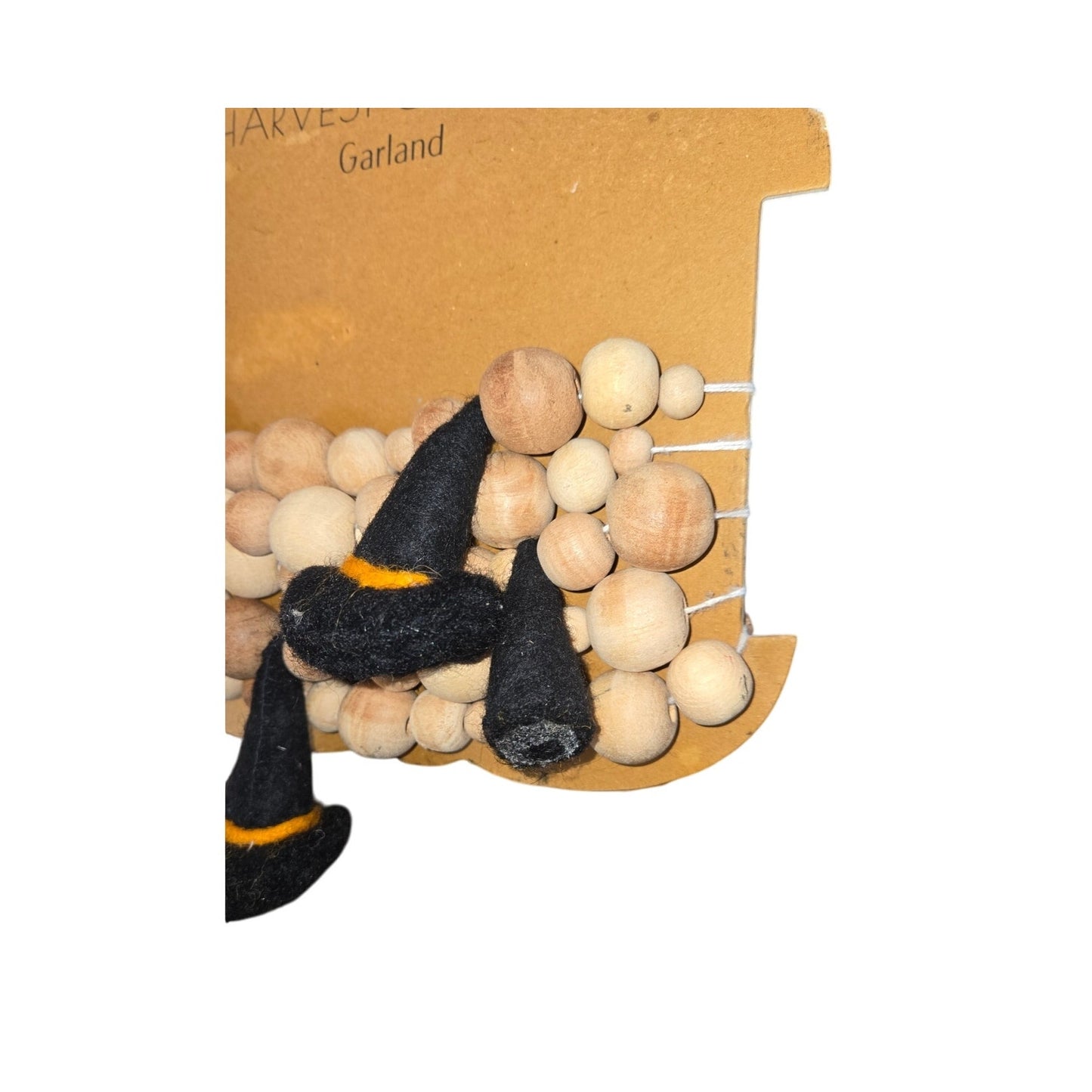 Harvest Cottage Black Witch Hat & Natural Wood Bead Garland 6 ft NEW Halloween