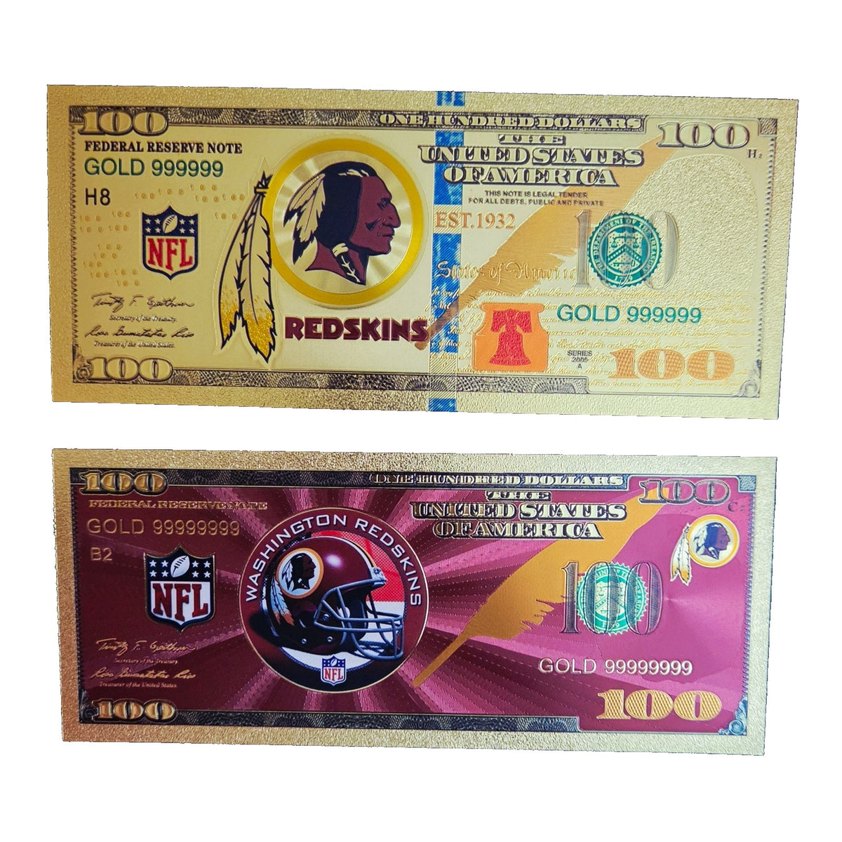 Washington Redskins Gold $100 Bill Custom Novelty Metal Fan Gift Collectible Set