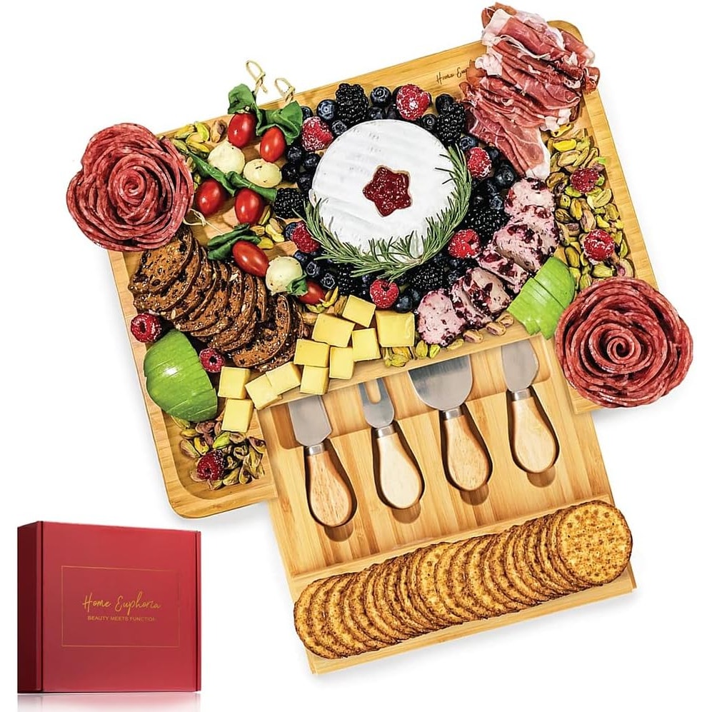 Bamboo Cheese Board & Knife Set Beautiful Charcuterie Board for Wine Cheese and Gifts
