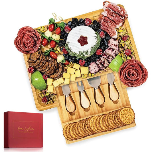 Bamboo Cheese Board & Knife Set Beautiful Charcuterie Board for Wine Cheese and Gifts