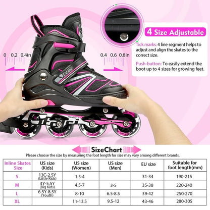 Adjustable Inline Skates with Illuminating Wheels Size 3-5 Kids