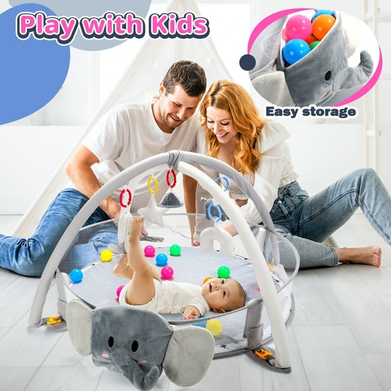 5-in-1 Elephant Baby Gym Play Mat with 30 Balls