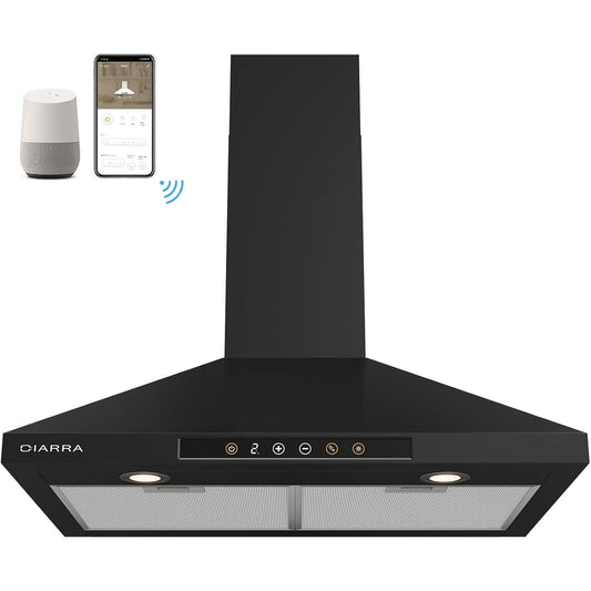 Black Range Hood 30" Wifi Smart Home Device Voice Control Stove Vent 3 Speed Fan Wall Mount