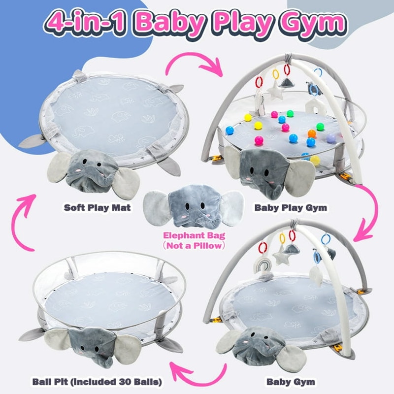 5-in-1 Elephant Baby Gym Play Mat with 30 Balls