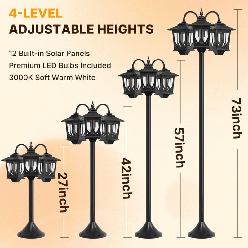 3-Head Solar Lamp Post Light Outdoor Waterproof 73" Adjustable Height