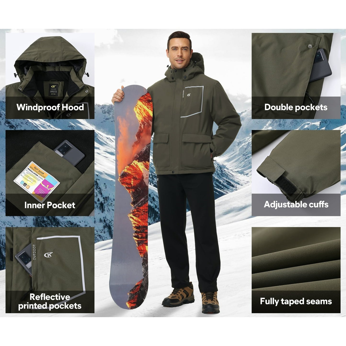 Men's Waterproof Ski Jacket Size L Large Green