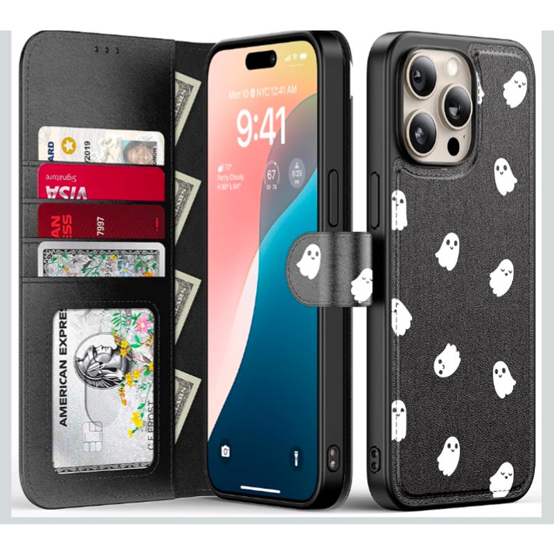 Halloween RFID Wallet Phone Case Compatible w/ iPhone 14 Pro Max Black & Ghosts