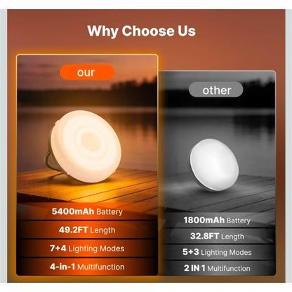 Solar Camping String Lights, 5400mAh/ 49.2FT/ 11 Modes Rechargeable
