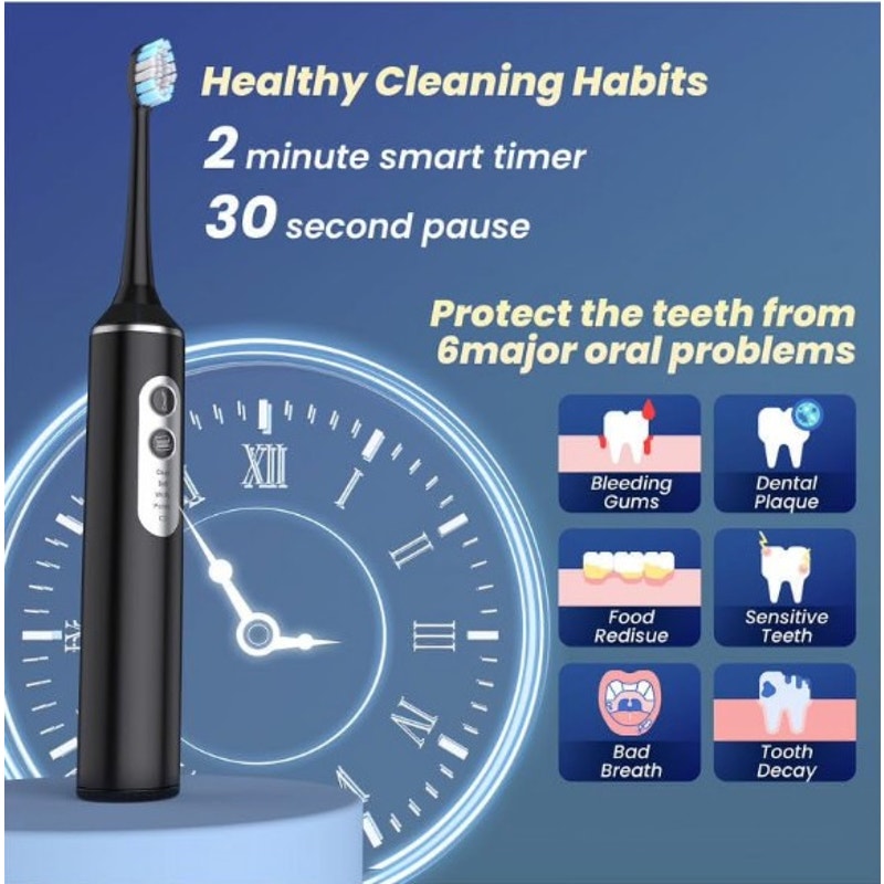Speed Sonic Electric Toothbrush 3 Soft Bristle Heads IPX7 Waterproof Wireless