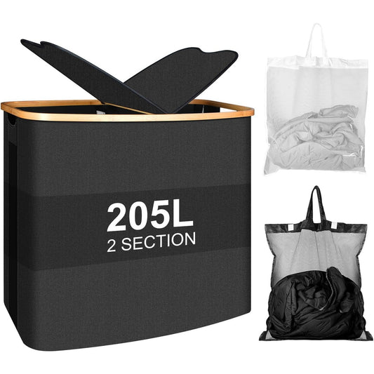 Large Laundry Hamper with Lid Collapsible Basket w/ Inner Bags 2 Section