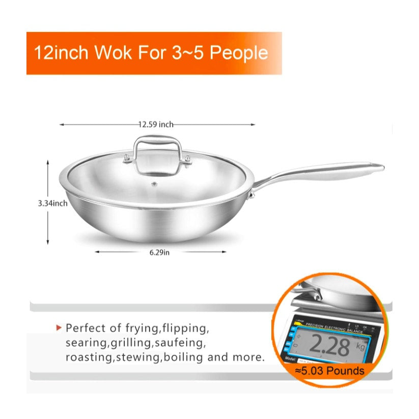 Tri-Ply Stainless Steel 12 inch Wok & Stir-Fry Pan
