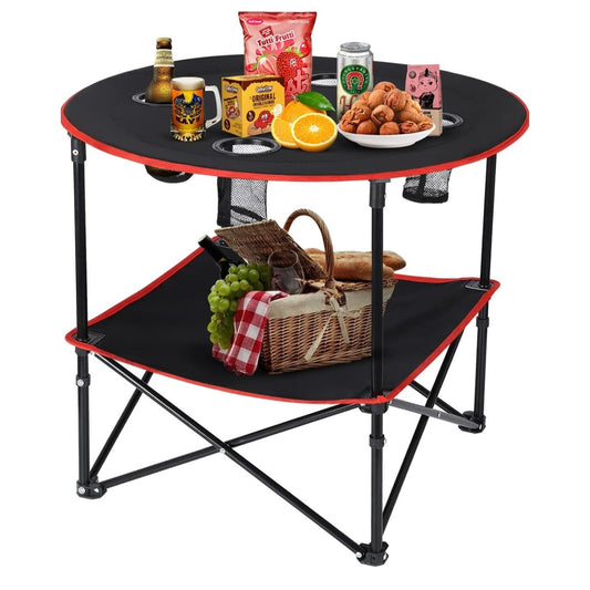 Camping Table Portable Folding Steel Frame w/ 4 Cup Holders & Carry Case
