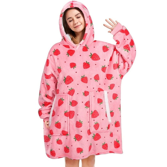 Wearable Strawberry Sherpa Blanket Hoodie w/ Front Pockets