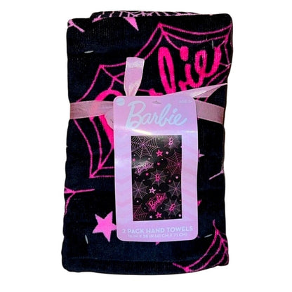 New Barbie 2 Pack Hand Towels Halloween Pink Black Spider Web 16in x 28in Cotton