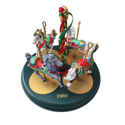 Hallmark Carousel & Horses Christmas Ornaments Set Of 4 Horses & Stand 1989