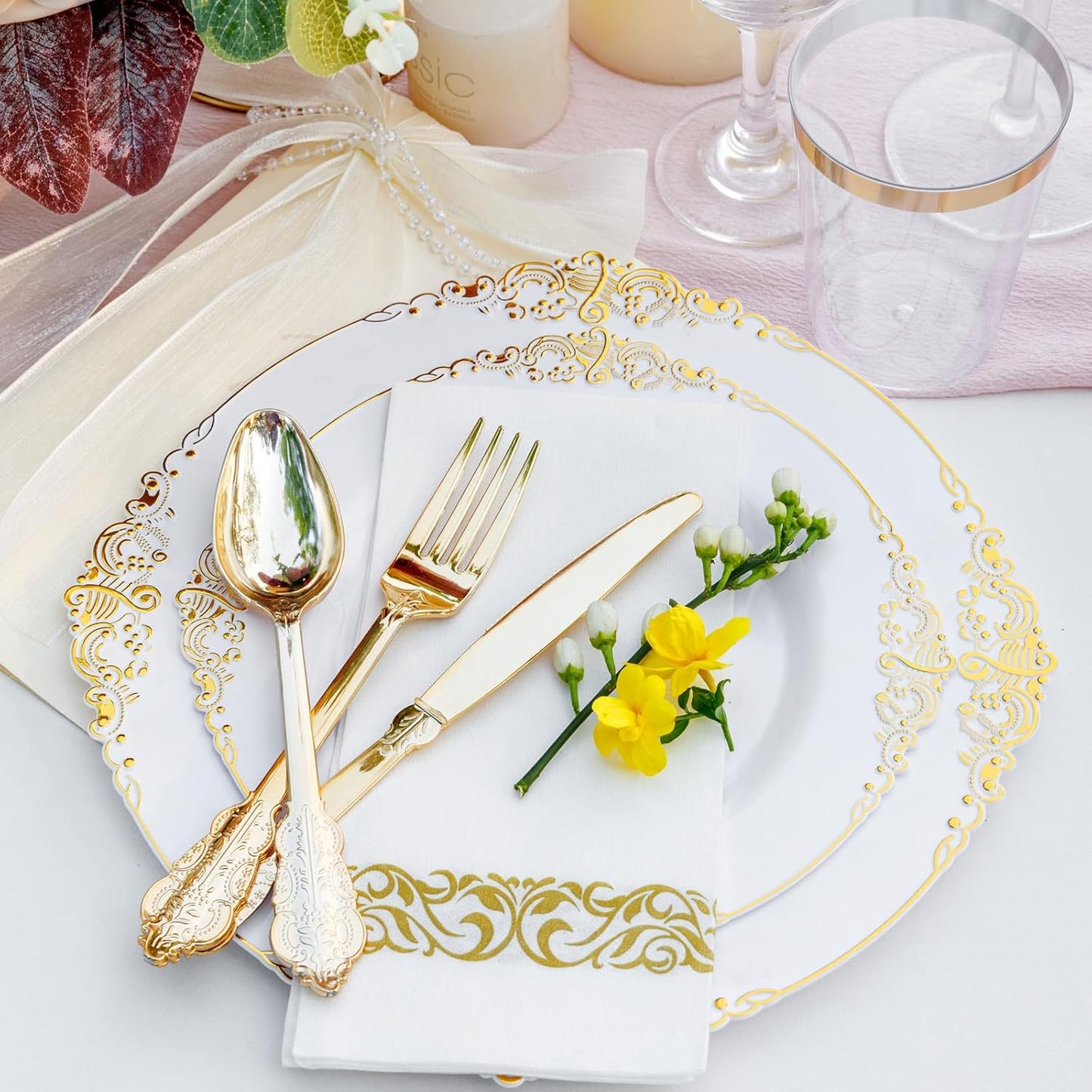 350pc Gold Plastic Plates Gold Plastic Dinnerware Sets 50 Place Wedding Party