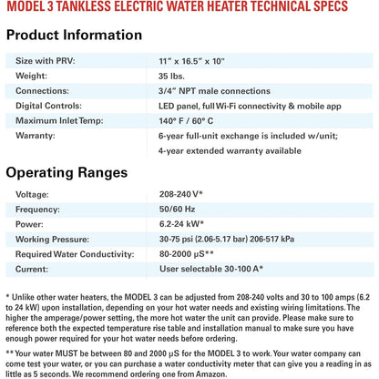 Electric Tankless Smart Water Heater no metal heating elements Whole-Home Point-of-Use