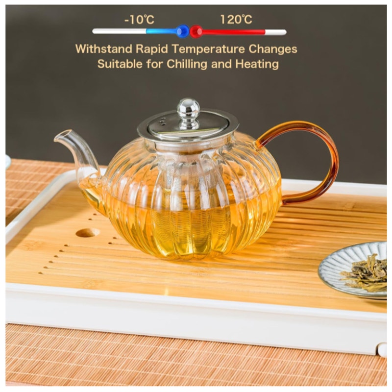 Hand Blown Glass Teapot 33.8oz/1000ml w/ Removable Infuser Halloween Pumpkin Shape