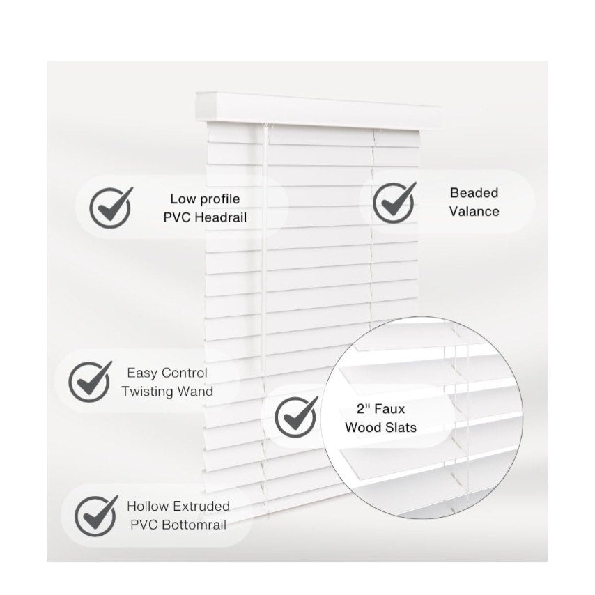 Cordless Faux Wood Blinds, 24" Wide x 36" Long, Smooth, Snow White,