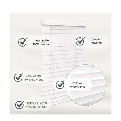 Cordless Faux Wood Blinds, 24" Wide x 36" Long, Smooth, Snow White,