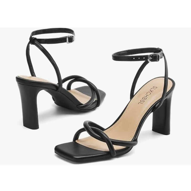 Chunky Block Heels for Women, Square Open Toe Buckle Heeled Sandals Size 9