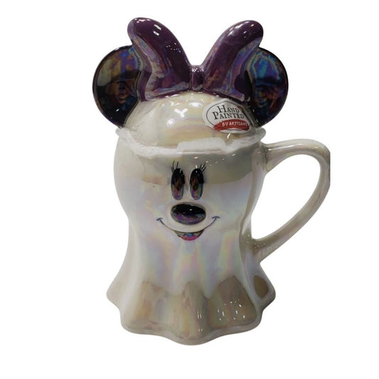 Disney Halloween Minnie Mouse Iridescent Glazed Ghost Mug & Lid Handpainted New