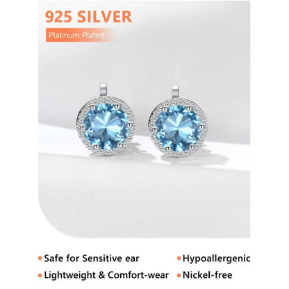 Aquamarine Blue Sterling Silver Clip on Earrings Round March Birthstone Stud Earring