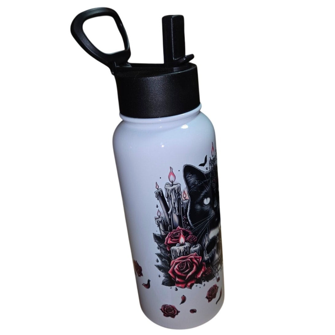 Cat & Skull Flower Halloween Water Bottle Stainless Steel Insulated w/ Straw UV DTF