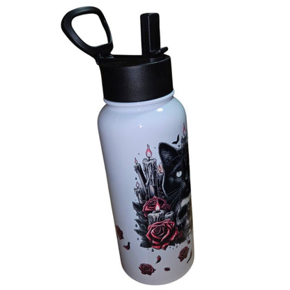Cat & Skull Flower Halloween Water Bottle Stainless Steel Insulated w/ Straw UV DTF