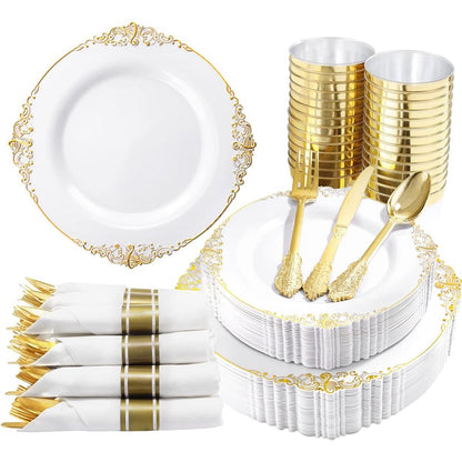 350pc Gold Plastic Plates Gold Plastic Dinnerware Sets 50 Place Wedding Party