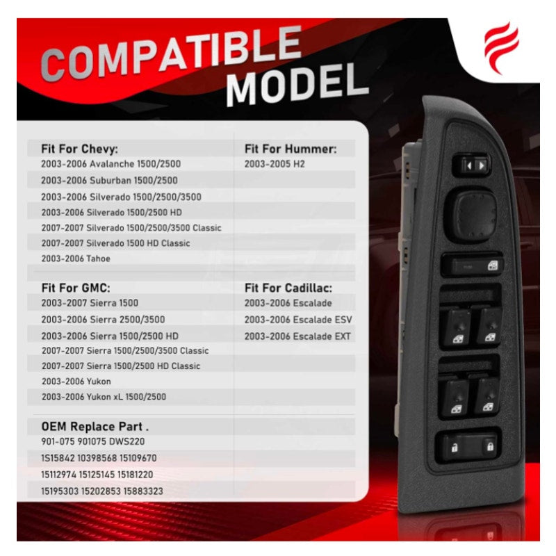 15883323 Front Driver Side Master Power Window Switch&Bezel for 2003-2007 Chevy GMC Cadillac
