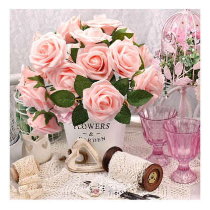 50Pcs Artificial 8" Stem w/ Leaves Rose Flowers Blush Pink Roses DIY Projects