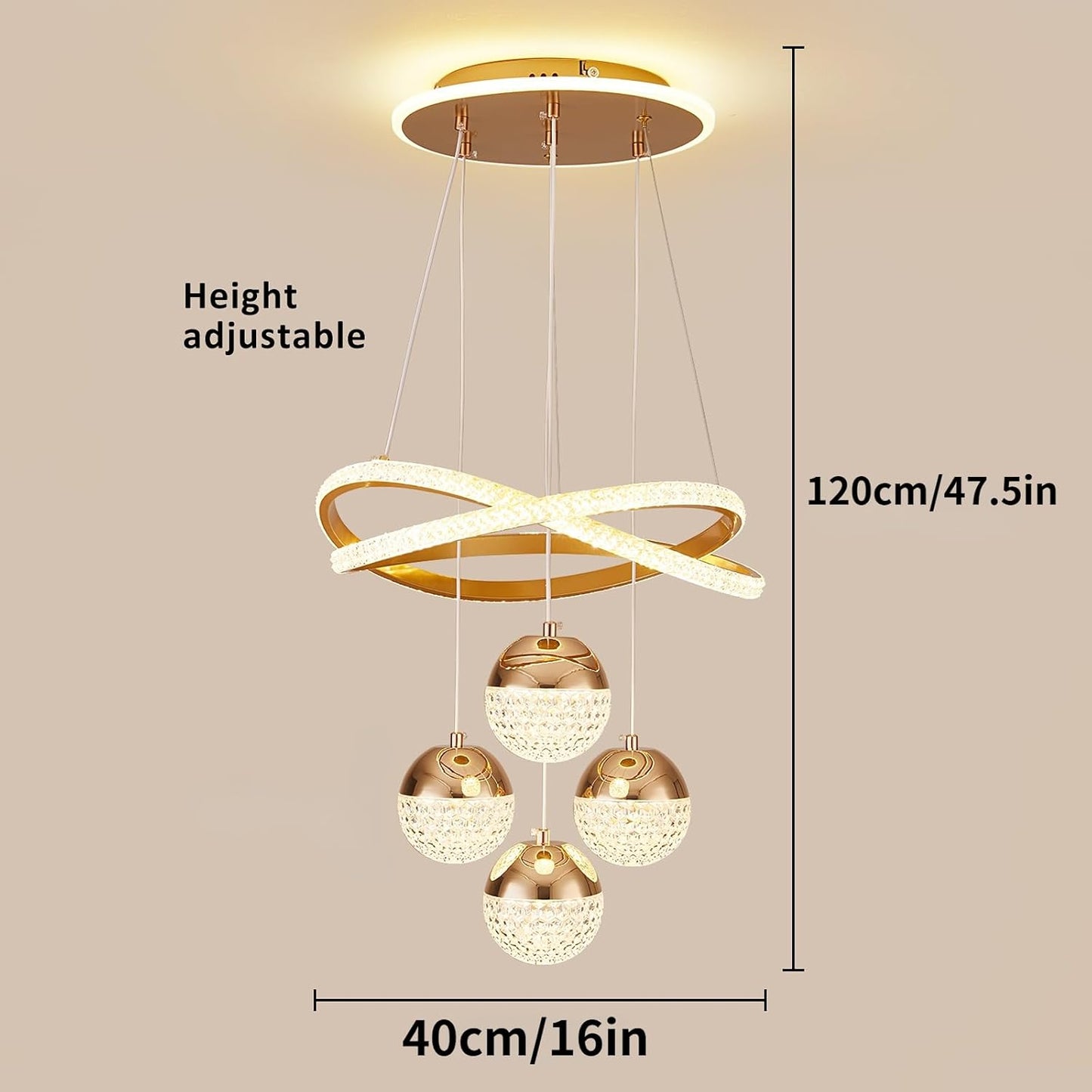 Gold LED Chandelier 3-Color Dimmable Hanging Pendant Ceiling Light Adjustable Height